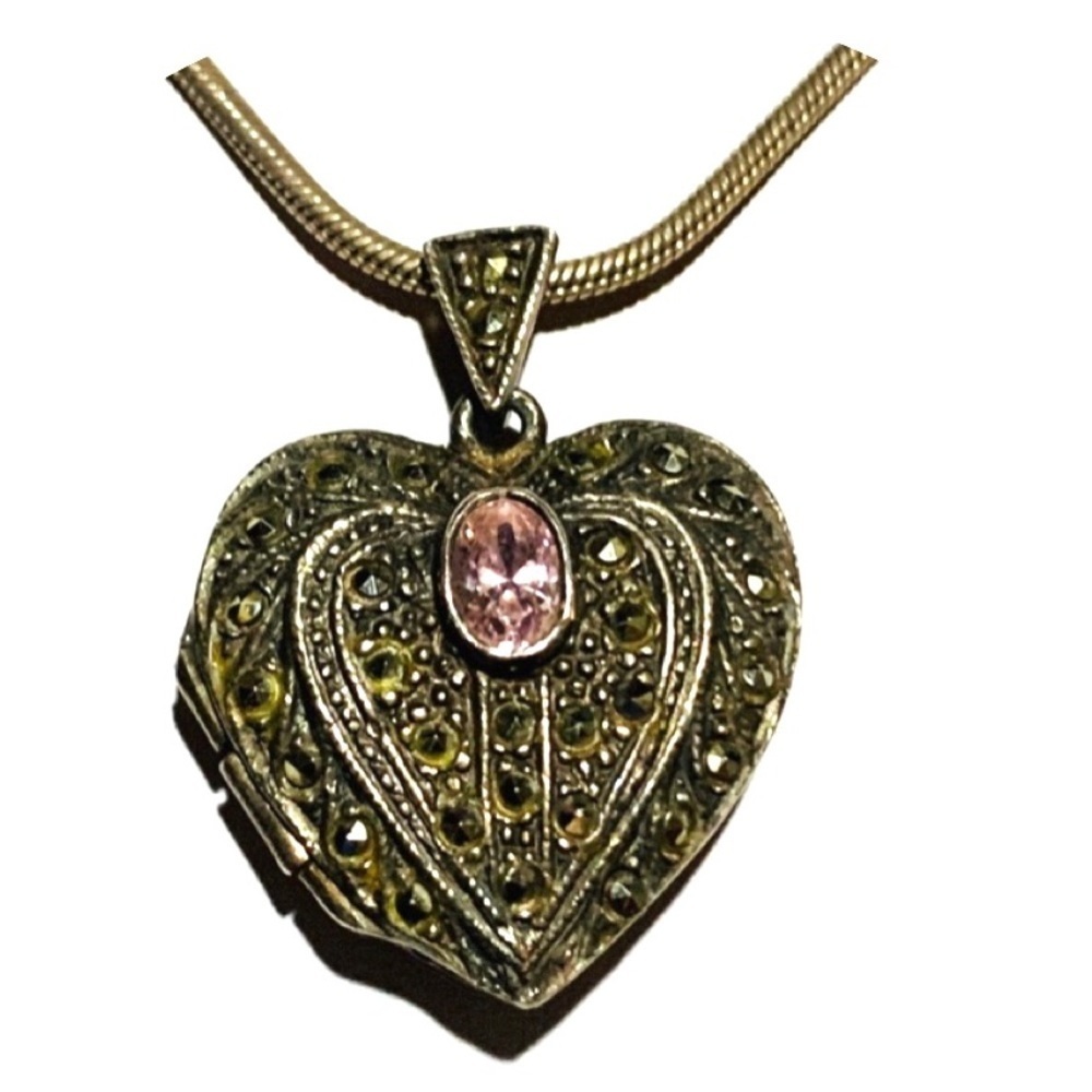 STERLING SILVER MARCASITE PINK TOURMALINE LOCKET VTG